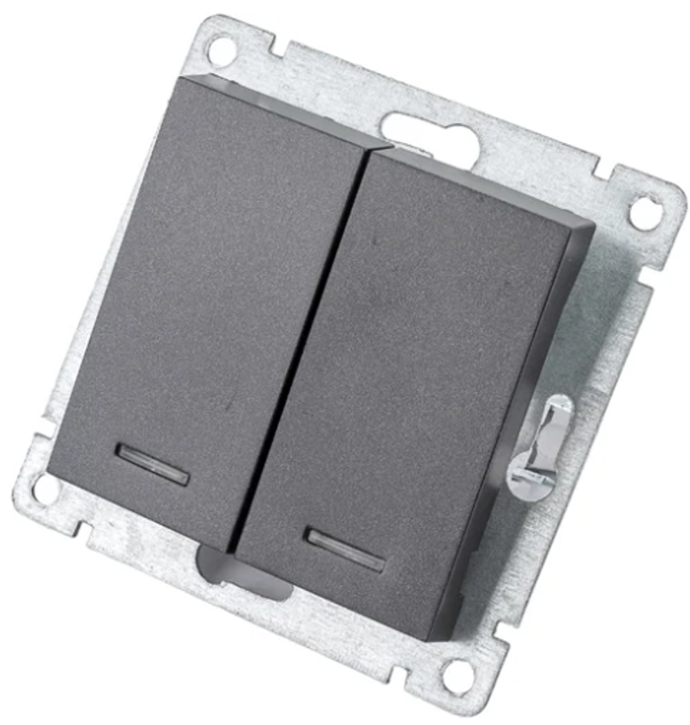 Выключатель двухклавишный с подсветкой UNIVersal серия афина, с/у, 10а, 220в графит еврослот.