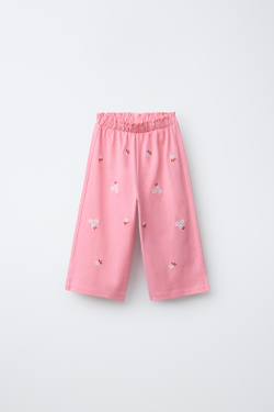 ZARA БРЮКИ-КЮЛОТЫ С ВЫШИВКОЙ ЦВЕТОВ, КОРАЛЛОВЫЙ