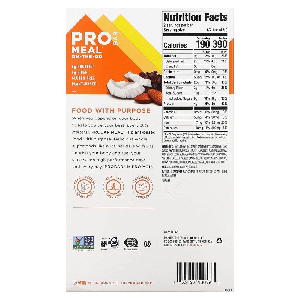 ProBar, Meal On the Go Bar, батончик с шоколадом и кокосом, 12 батончиков по 85 г (3 унции)