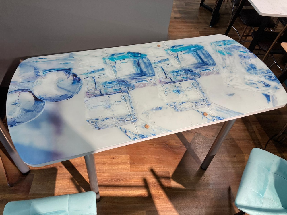 Стол разд Стеклянный подстолье прямое хром Царг.пояс белый Ст-ца кубики льда (белый) ф/п стекло