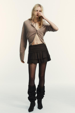 ZARA ЮБКА-ШОРТЫ С ВОЛАНАМИ, КОРИЧНЕВЫЙ