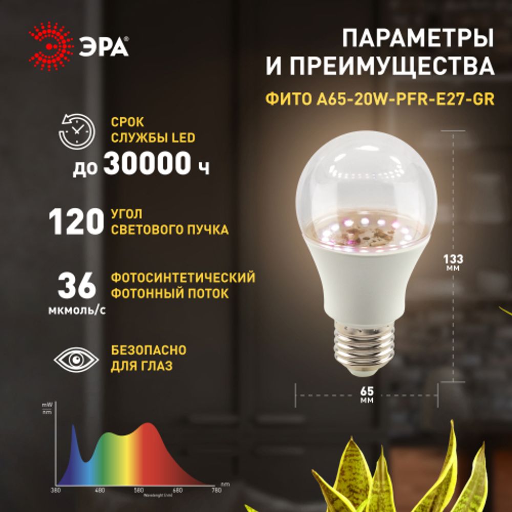 Фитолампа для растений светодиодная ЭРА GREEN LINE ФИТО A65-20W-PFR-E27-GR 20 Вт полного спектра | Фитолампы Е27