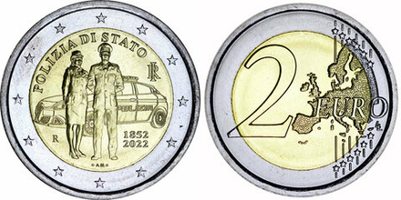 Италия 2 евро, 2022 170 лет Итальянской национальной полиции UNC