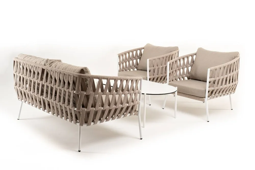 "Диего" лаунж-зона 4-местная плетеная из роупа (веревки), каркас алюминиевый белый, роуп бежевый