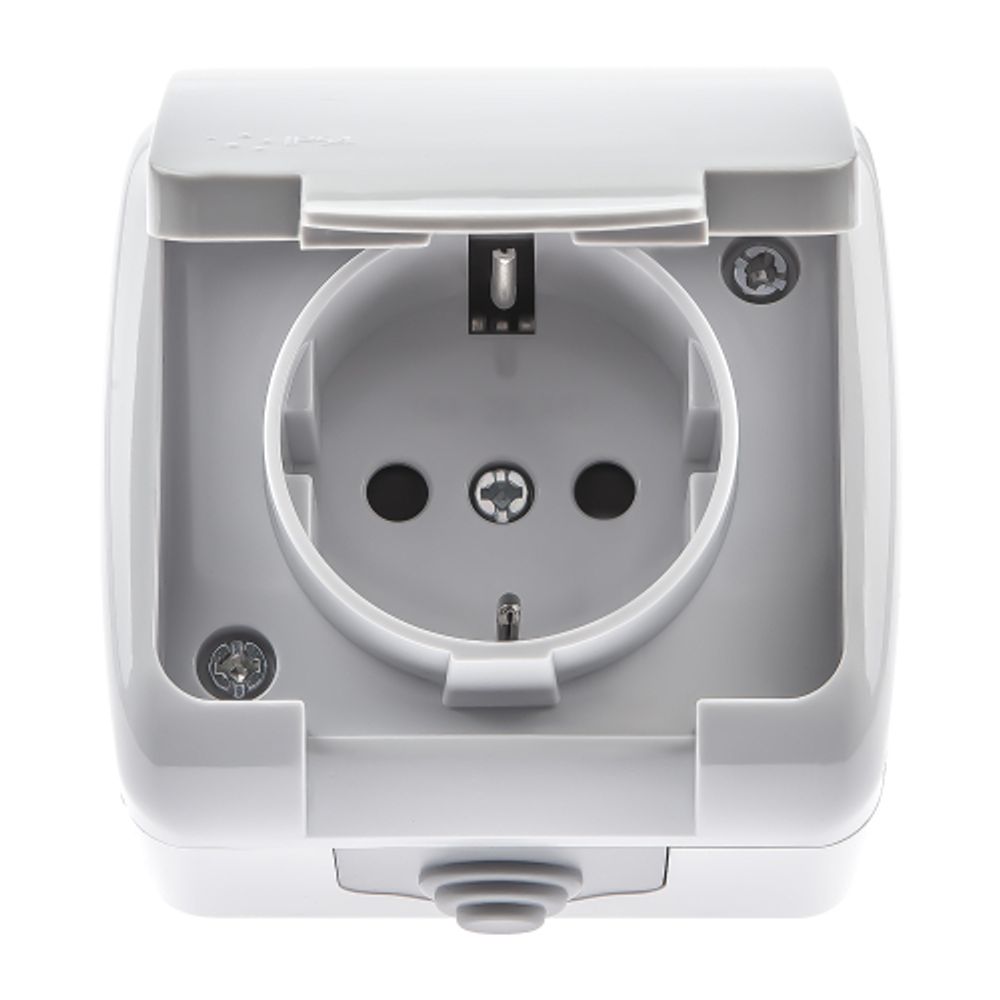 Розетка Intro Atlantic 5-202-03 с заземлением со шторками 2P+E Schuko, 16А-250В, IP54, открытой установки, серый | Intro