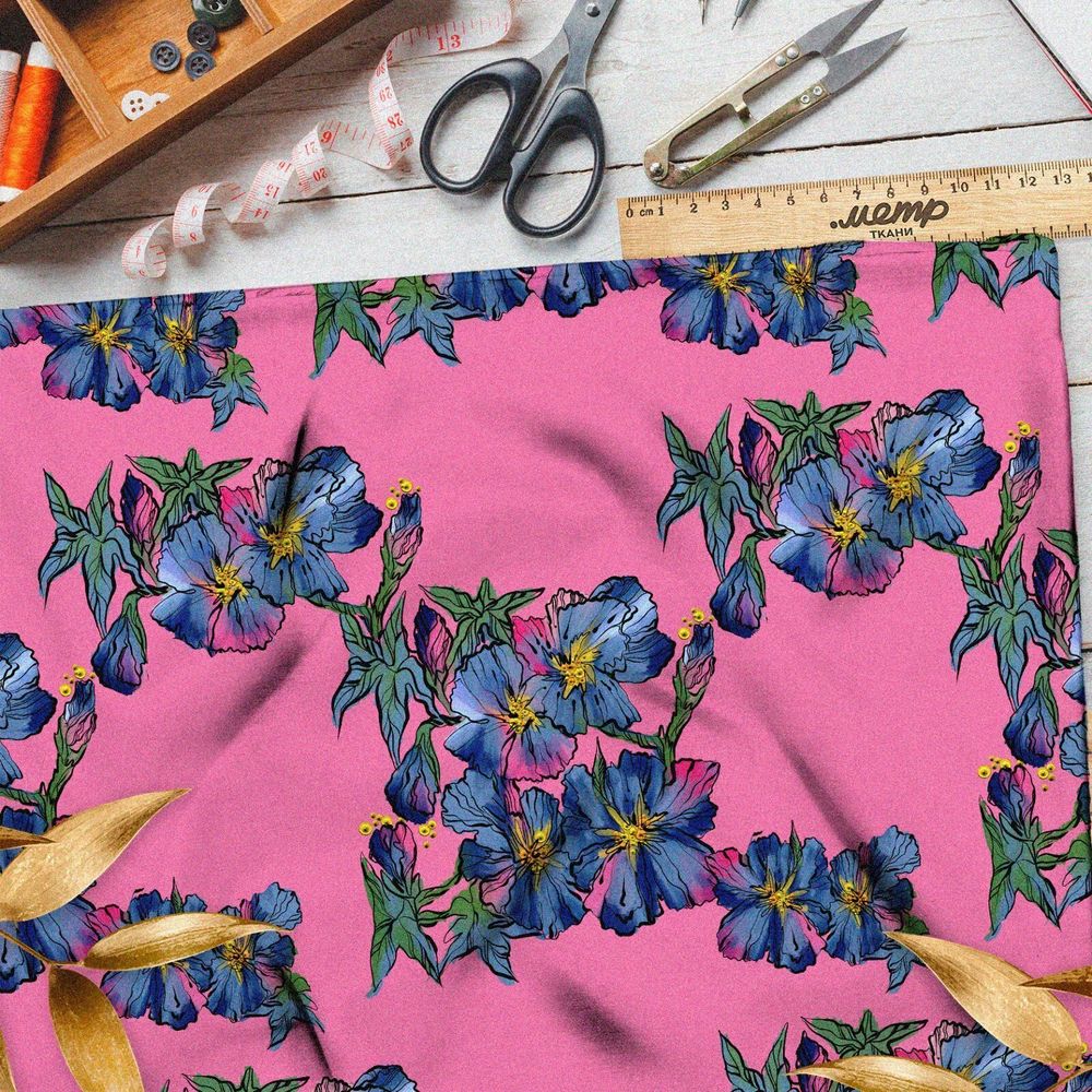 Ткань мембрана синяя цветочная вышивка