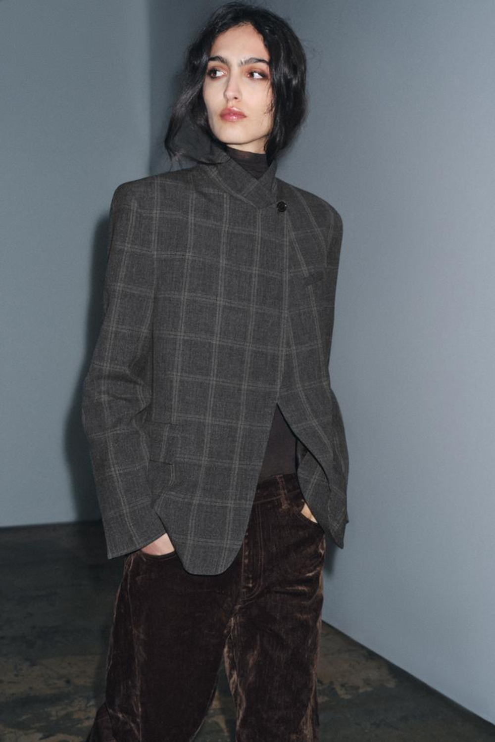 ZARA БЛЕЙЗЕР В КЛЕТКУ — ZW COLLECTION LIMITED EDITION, СЕРЫЙ МЕЛАНЖ