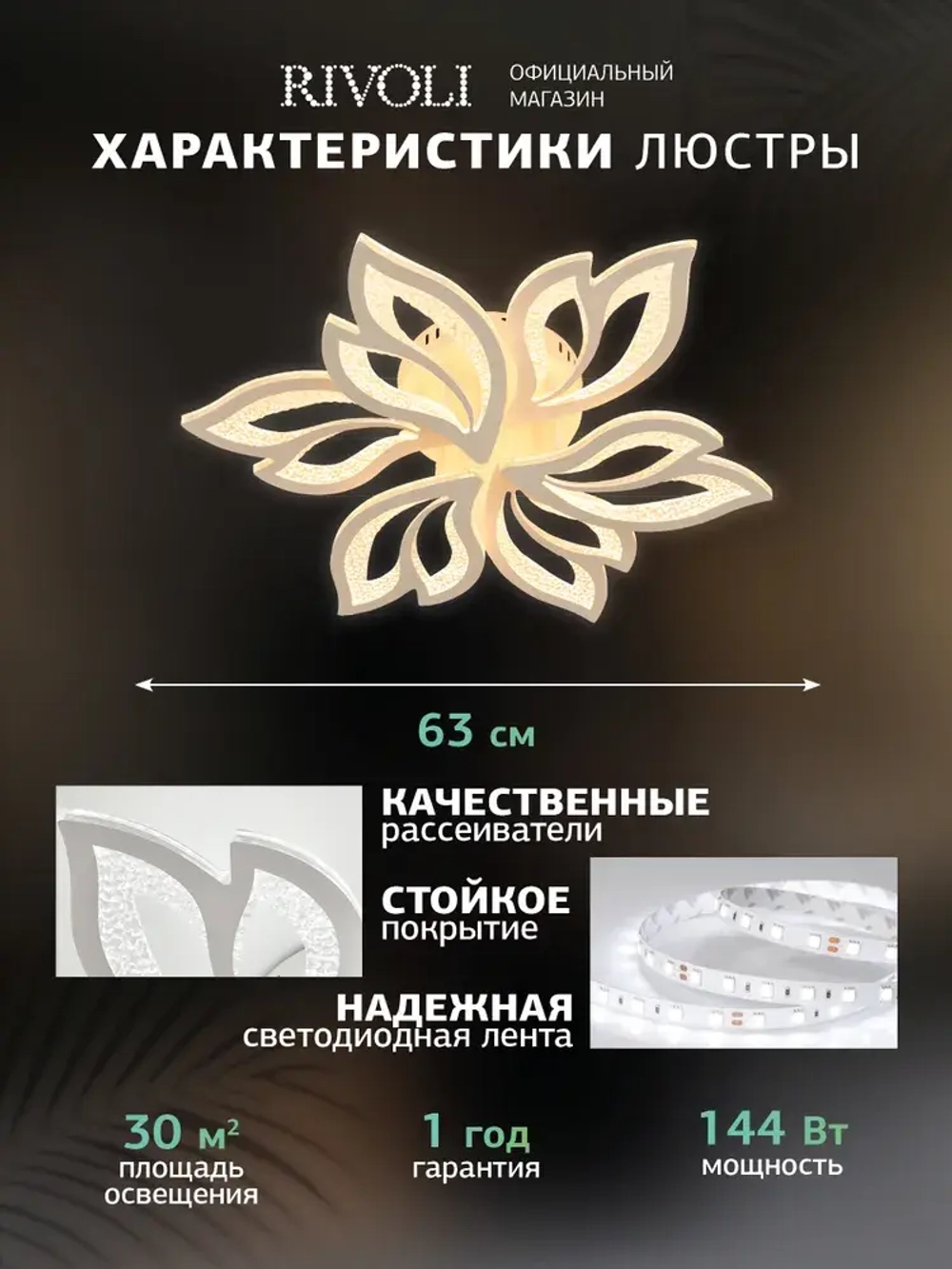 Люстра потолочная светодиодная с пультом ДУ Rivoli белая LED 144 Вт 3000 - 6000 К, светильник на кухню, в детскую, в спальню