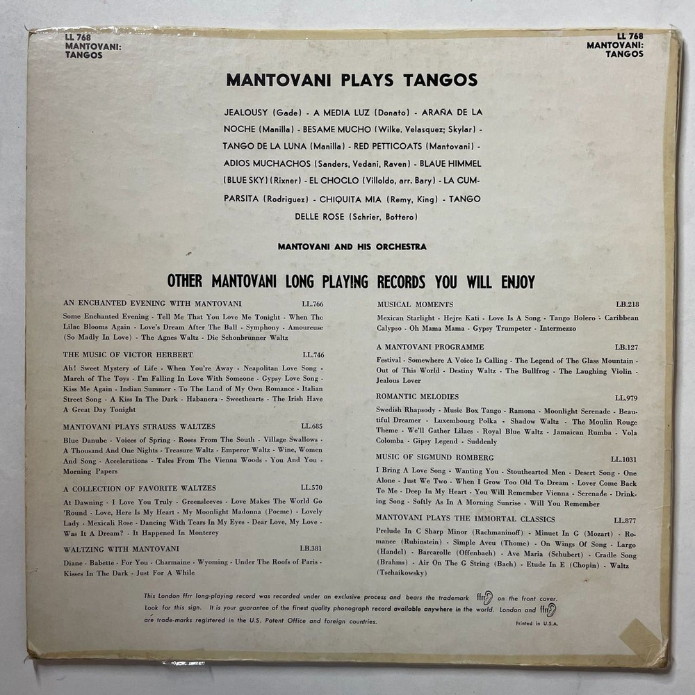 Винтажная виниловая пластинка LP Mantovani And His Orchestra Plays Tangos Танго (USA 1953)