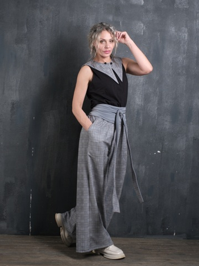 Палаццо  + кушак/ клетка серо-голубой