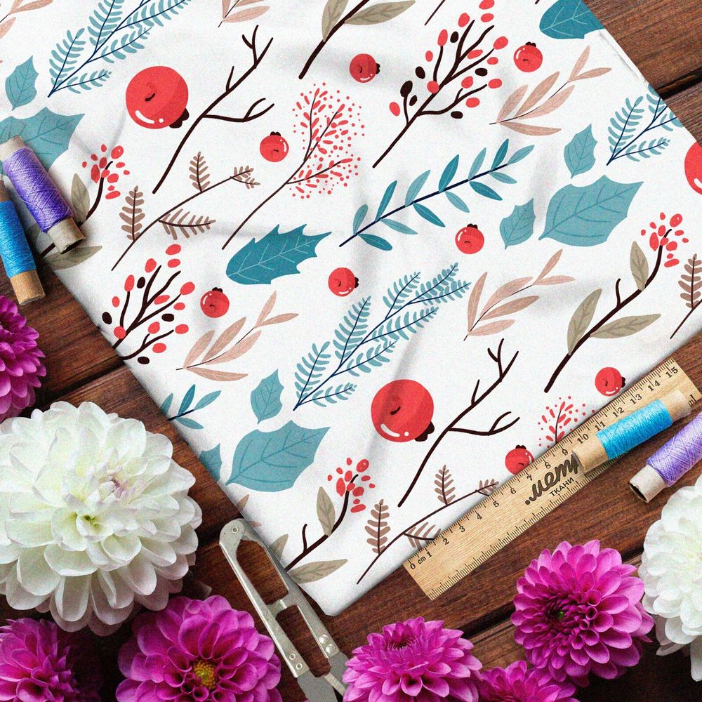 Ткань бифлекс лесная трава и рябина на белом фоне