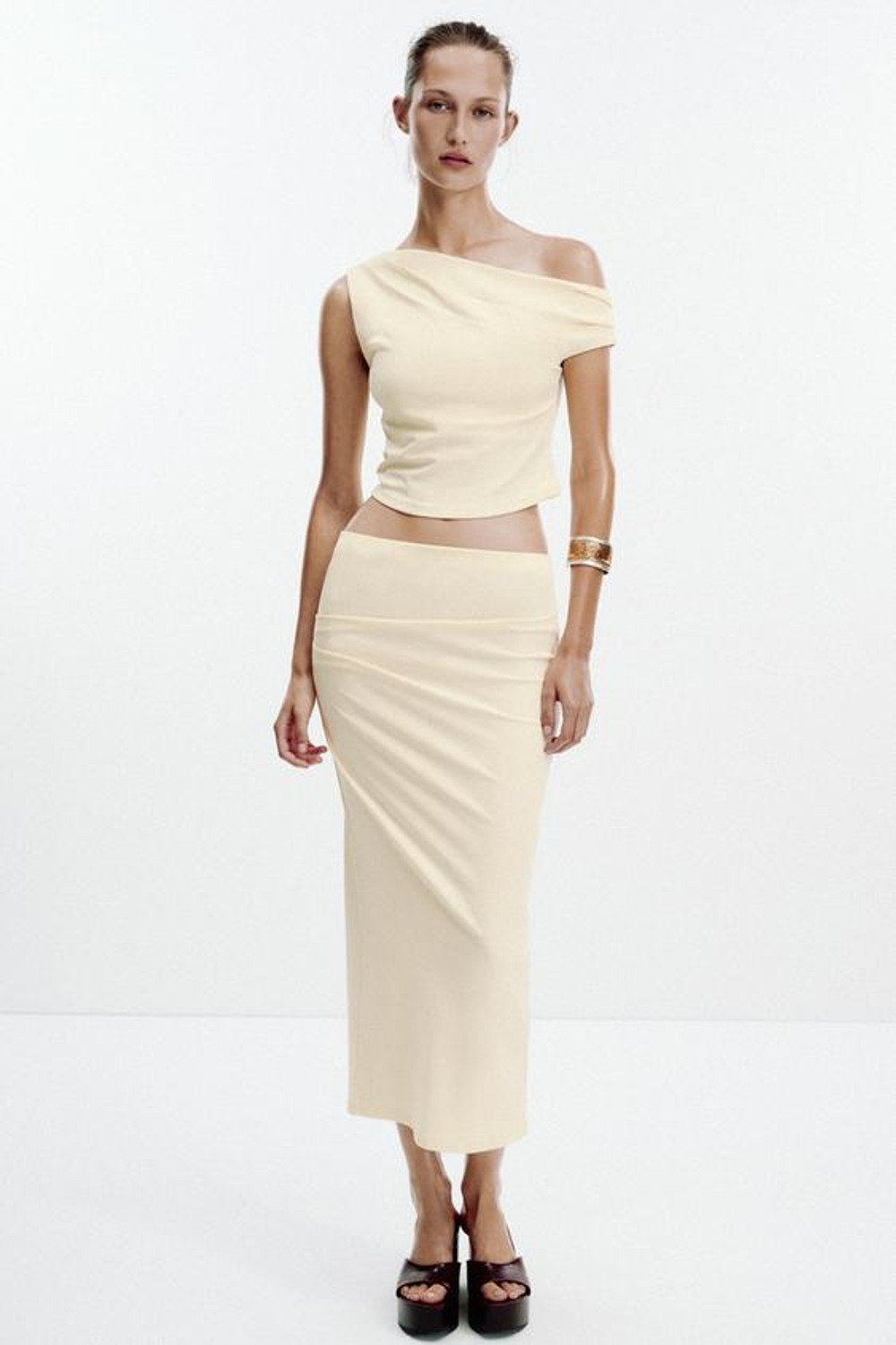 ZARA ЮБКА МИДИ ТЕКСТУРНАЯ, ЖЕЛТЫЙ