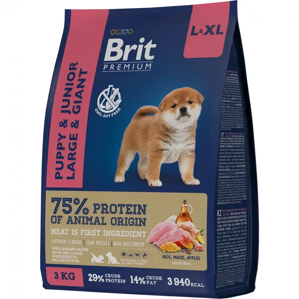 Brit premium dog puppy and junior large and giant сухой корм для щенков и молодых собак крупных и гигантских пород с курицей - 3 кг