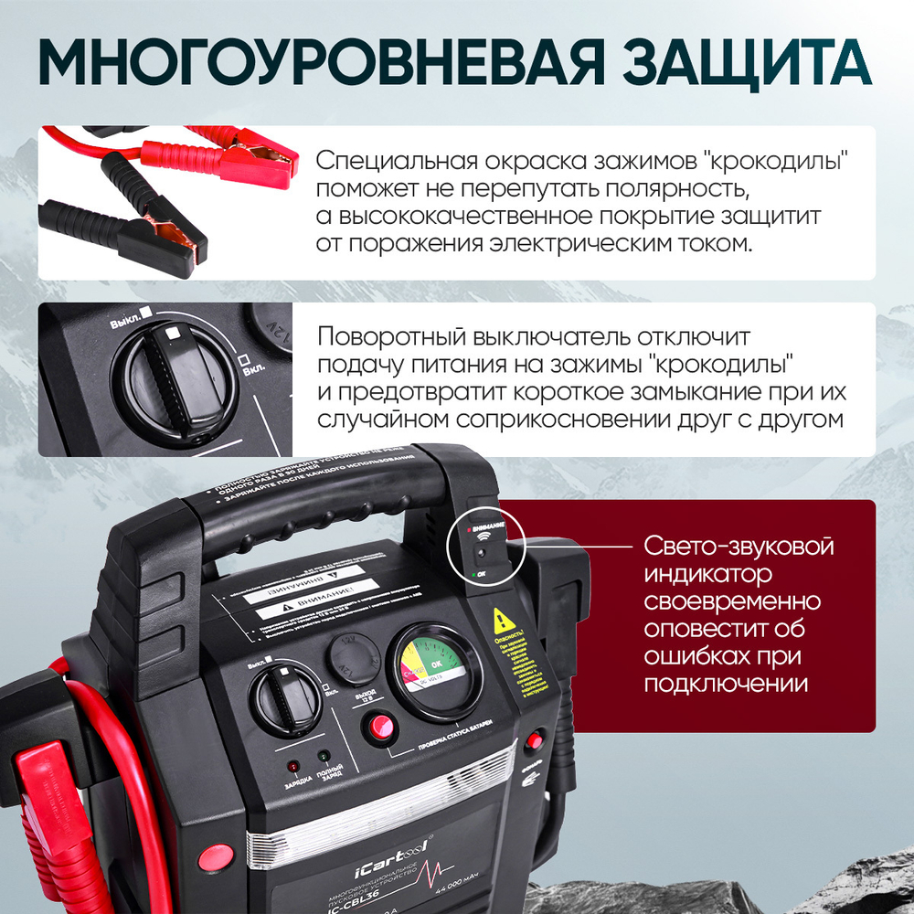 Пусковое устройство 12/24В, 36 000 мАч, мин. 12v1100A/24v500A макс. 12v2200A/24v1100A iCartool IC-CBL36