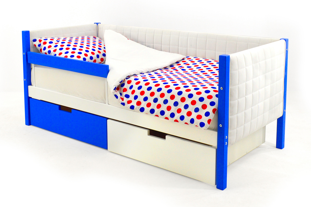 Детская кровать-тахта мягкая с бортиком и ящиками Бельмарко Svogen сине-белый