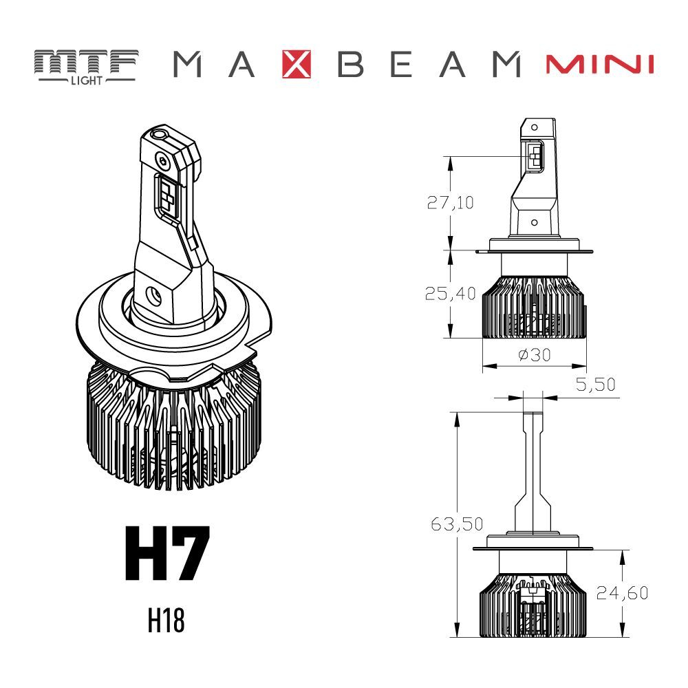 Светодиодные лампы MTF H7/H18 MaxBeam MINI 12V 45W 4500lm 6000K (к-т 2шт.)