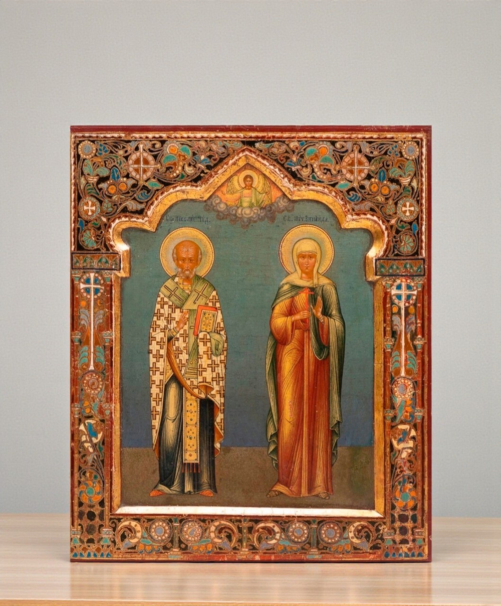 Николай Чудотворец и Зинаида Тарсийская мученица. Деревянная икона на левкасе