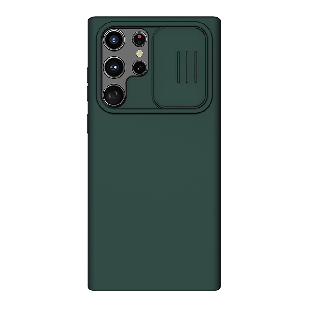 Чехол зеленого цвета (Dark Green) от Nillkin для Samsung Galaxy S22 Ultra, серия CamShield Silky Silicone с защитной шторкой для камеры