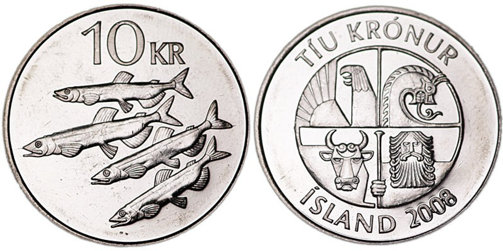 Исландия 10 крон, 1996 - 2008 Мойва XF