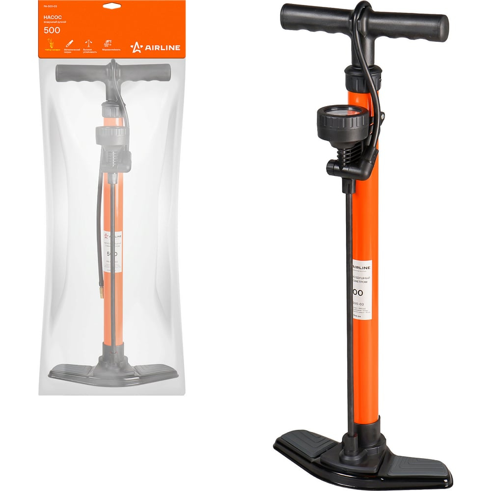 Насос автомобильный ручной, воздушный механический с манометром, цилиндр 500 см3 AIRLINE PA-500-03