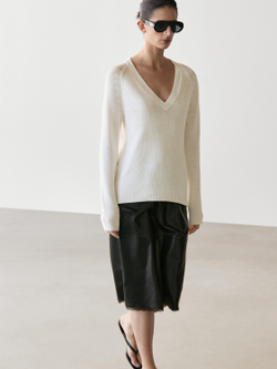 Massimo Dutti Юбка миди из кожи наппа с кружевной отделкой, черный