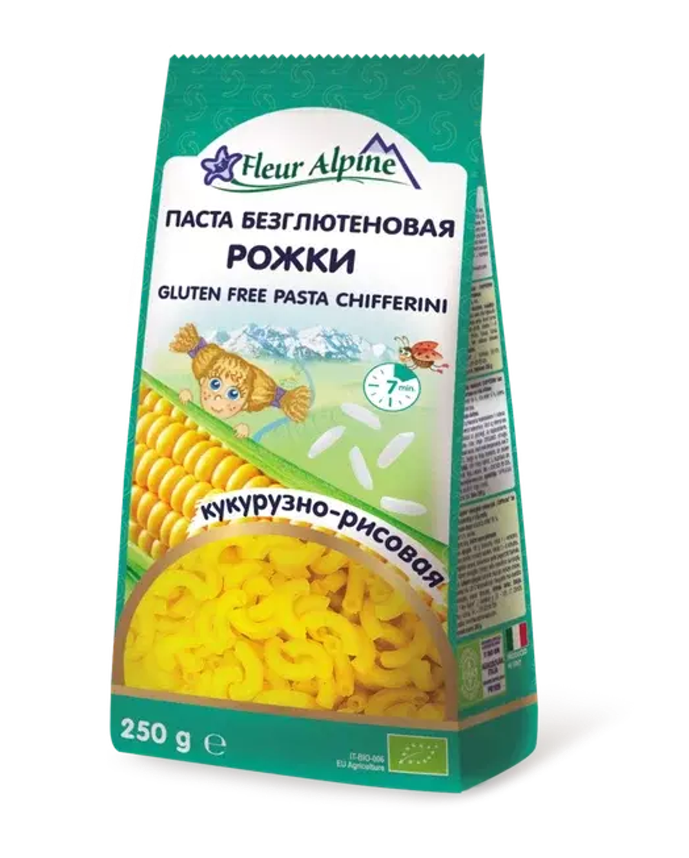 Безглютеновые КУКУРУЗНО-РИСОВЫЕ макароны РОЖКИ Fleur Alpine для всей семьи, 250 г