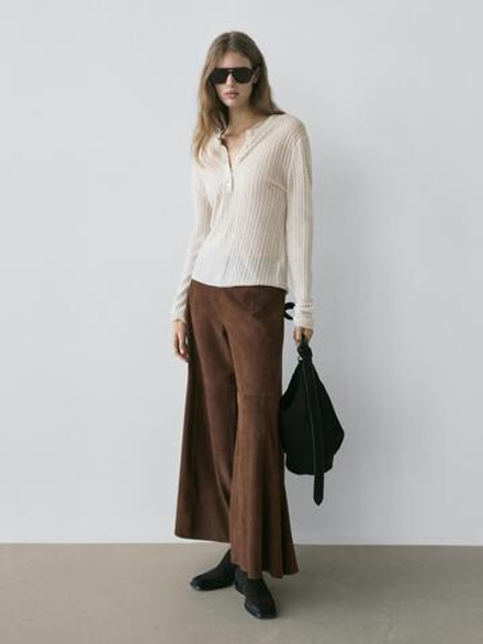 Massimo Dutti Расклешенные брюки из замши и кожи, коричневый