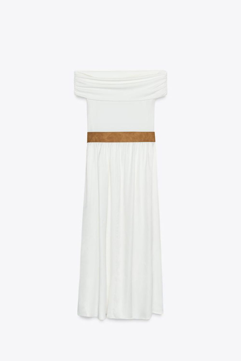 ZARA КОМБИНИРОВАННОЕ ПЛАТЬЕ-МИДИ С ОТКРЫТЫМИ ПЛЕЧАМИ И ПОЯСОМ, ЭКРЮ