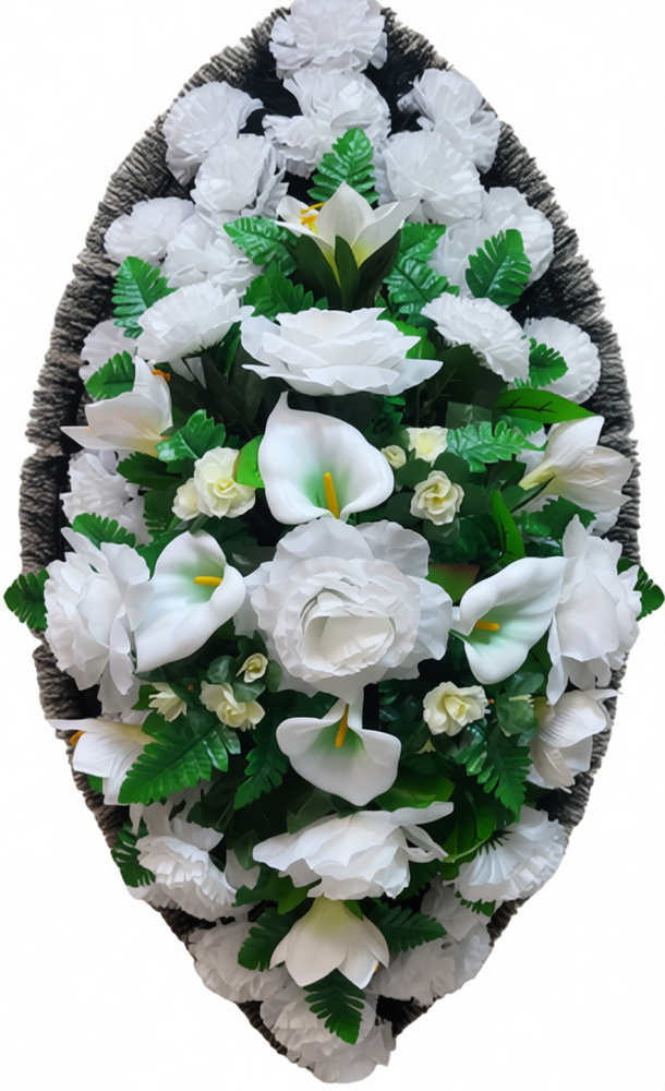 Ритуальный венок из белых калл, роз и гвоздик на темно-зеленой основе 125 см