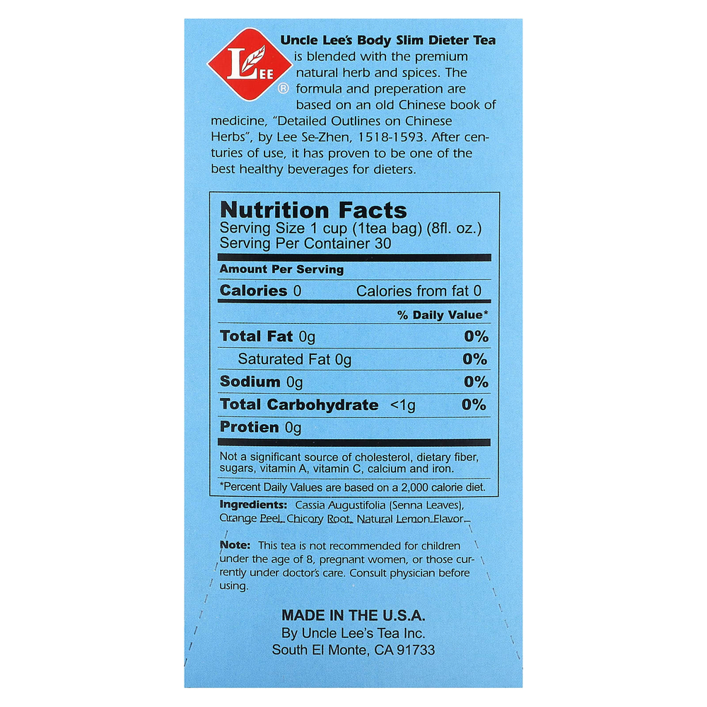Uncle Lee's Tea, Body Slim Dieter Tea, Lemon, без кофеина, 30 чайных пакетиков, 60 г (2,12 унции)