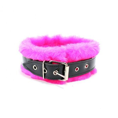 Розовый меховой ошейник с ремешками и поводком из лакированной кожи (Цвет: розовый с черным)