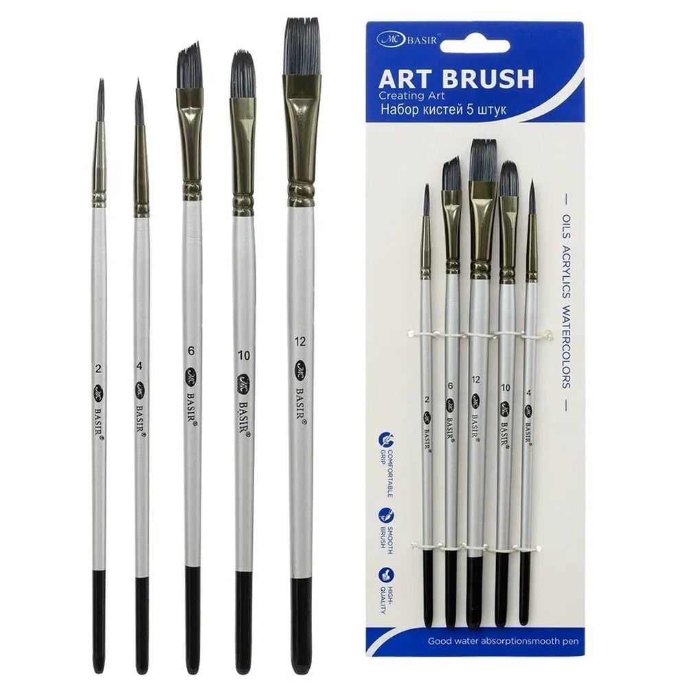 Кисть для рисования Basir художественная, нейлон, плоские, № 2,4,6,10,12, белый корпус, набор из 5 шт