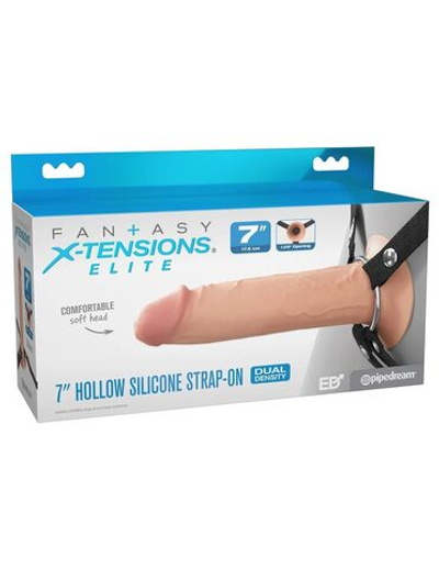Телесный полый страпон на черных ремнях Hollow Silicone Strap-on - 17,8 см. (Цвет: телесный с черным)