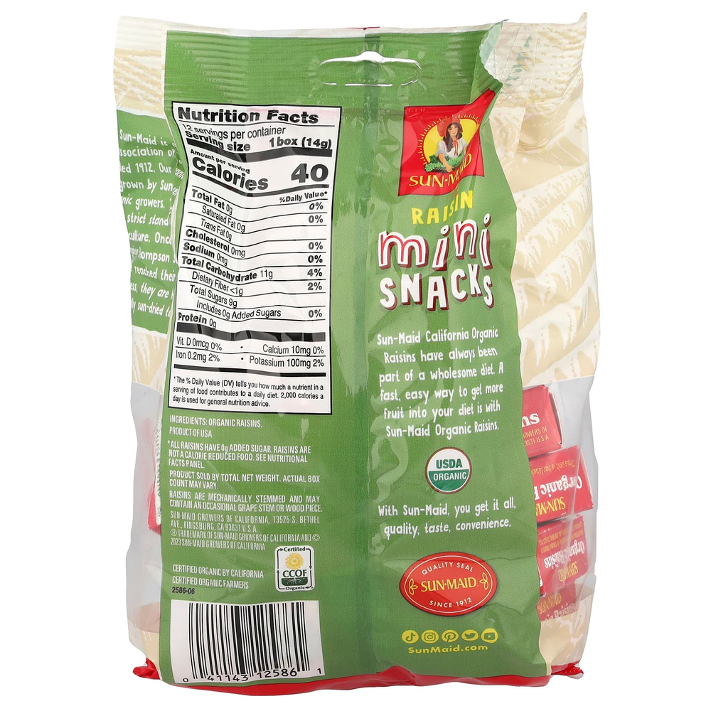 Sun-Maid, мини-снеки из органического изюма, сушеного на солнце, 12 упаковок по 0,5 унции