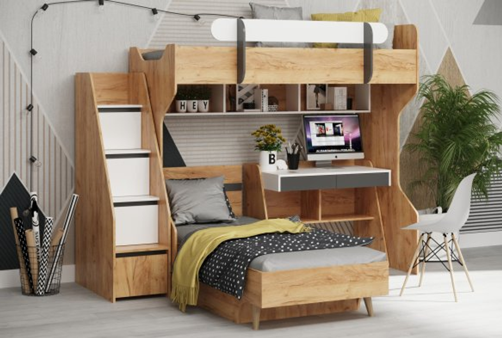 Кровать чердак Омега-3 дуб золотистый/антрацит/белый 800*2000