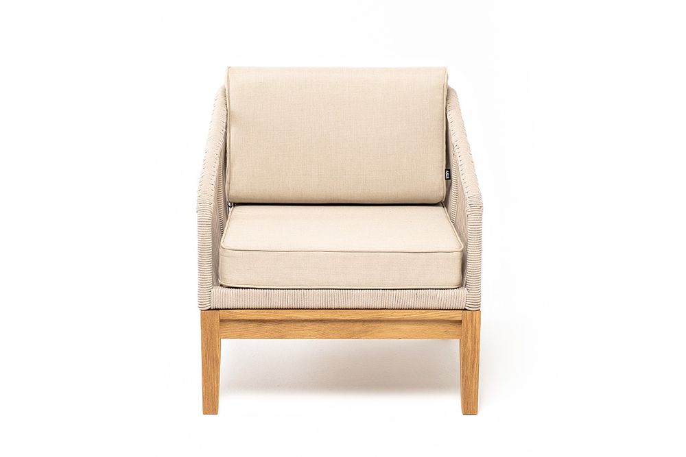 "Канны" кресло плетеное из роупа, основание дуб, роуп бежевый круглый, ткань бежевая 15052