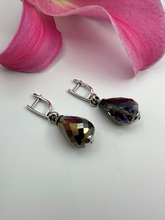 Серьги "Венеция" двухсторонние коричневый-фуксия, фурнитура серебро