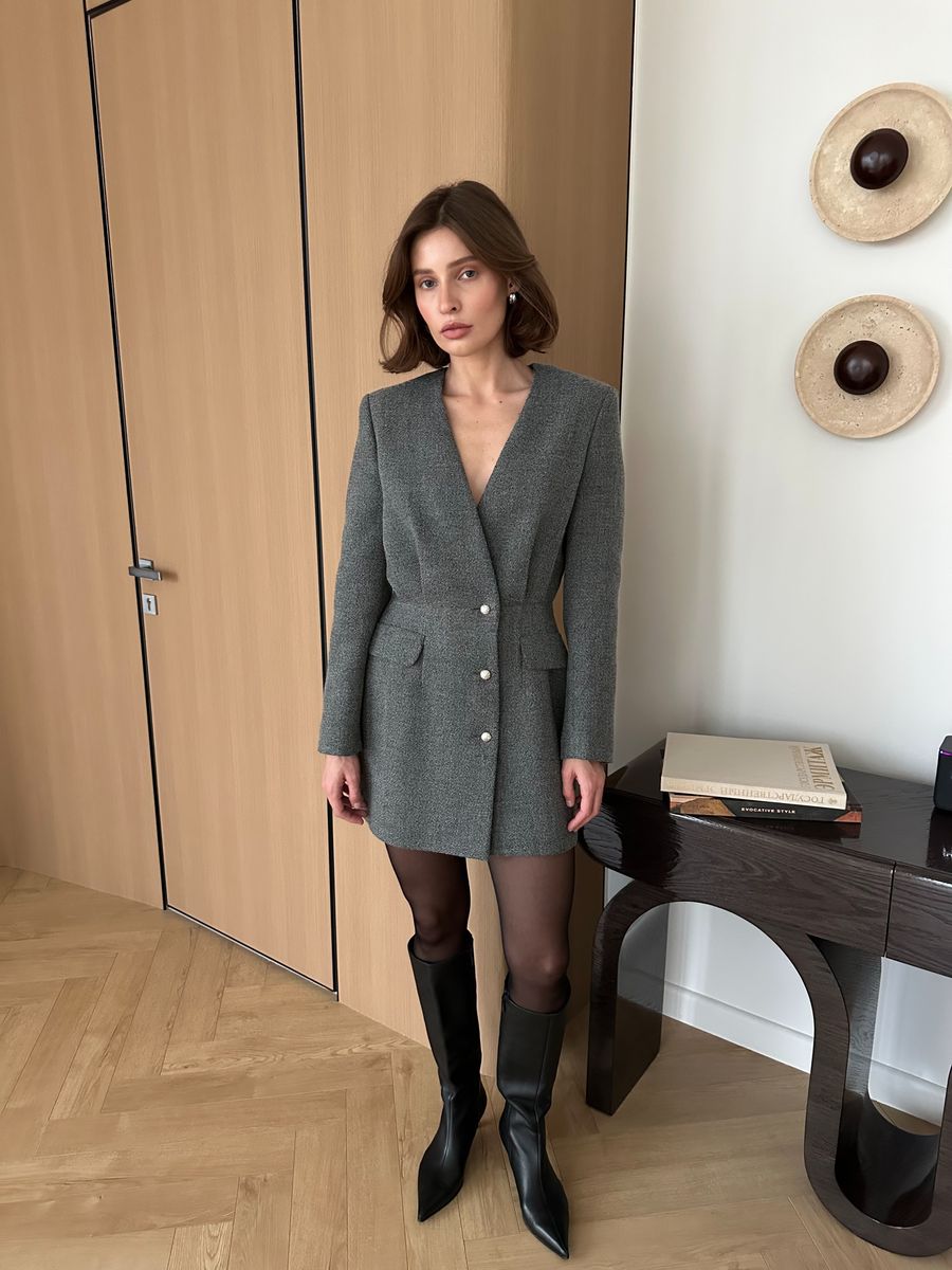 Платье из твида с длинным рукавом мини серое