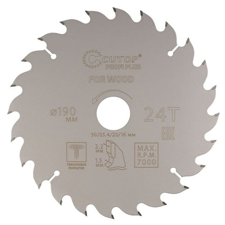 Диск пильный с тефлоновым покрытием по дереву Profi plus 190*1.5/2.2*30/25.4/20/16 мм, 24Т CUTOP