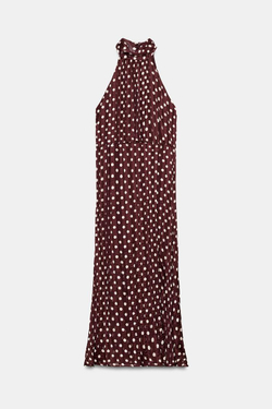 ZARA ПЛАТЬЕ МИДИ В ГОРОШЕК, ЭКРЮ/ГРАНАТОВЫЙ