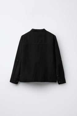 ZARA ЛЬНЯНАЯ РУБАШКА С ВОРОТНИКОМ-СТОЙКОЙ, ЧЕРНЫЙ