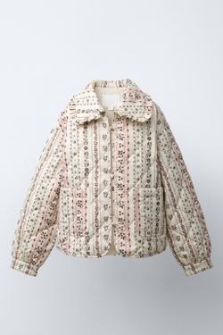 ZARA СТЕГАНАЯ КУРТКА С ПРИНТОМ, СВЕТЛО-БЕЖЕВЫЙ