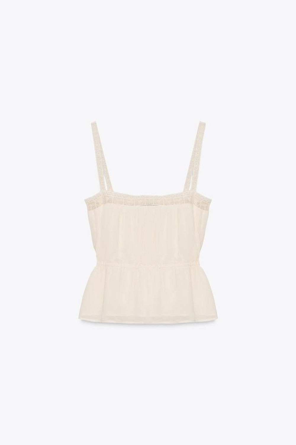 ZARA КРУЖЕВНОЙ ТОП ИЗ ЖОРЖЕТА, СВЕТЛО-БЕЖЕВЫЙ
