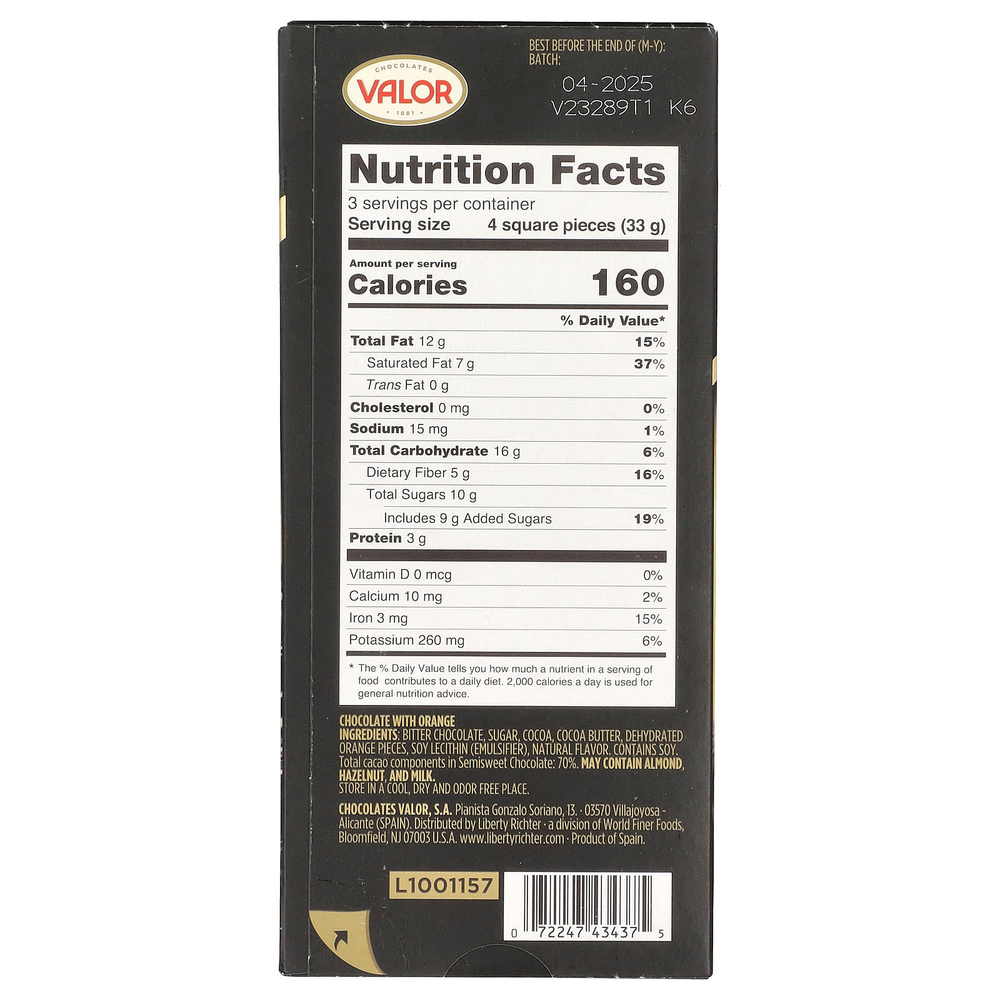 Valor, темный шоколад с апельсином, 70% какао, 100 г (3,5 унции)
