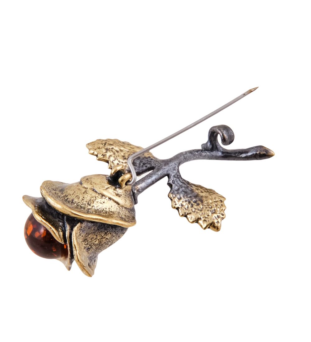 AM-3621 Брошь «Веточка розы, Черная магия « (латунь, янтарь)