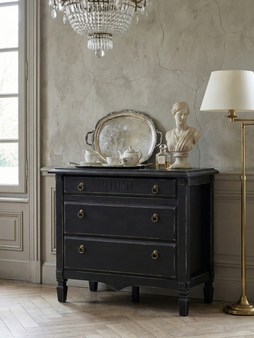 Комод 110х50х94, Джоли, с ящиками для одежды, в спальню, прихожую, гостиную, массив березы, черный, Makosa