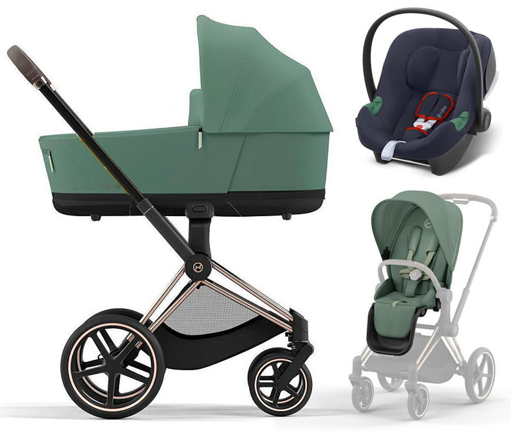 Коляска 3 в 1 Cybex Priam IV Rosegold complete и автокресло Aton B2 i-Size Bay Blue Leaf Green