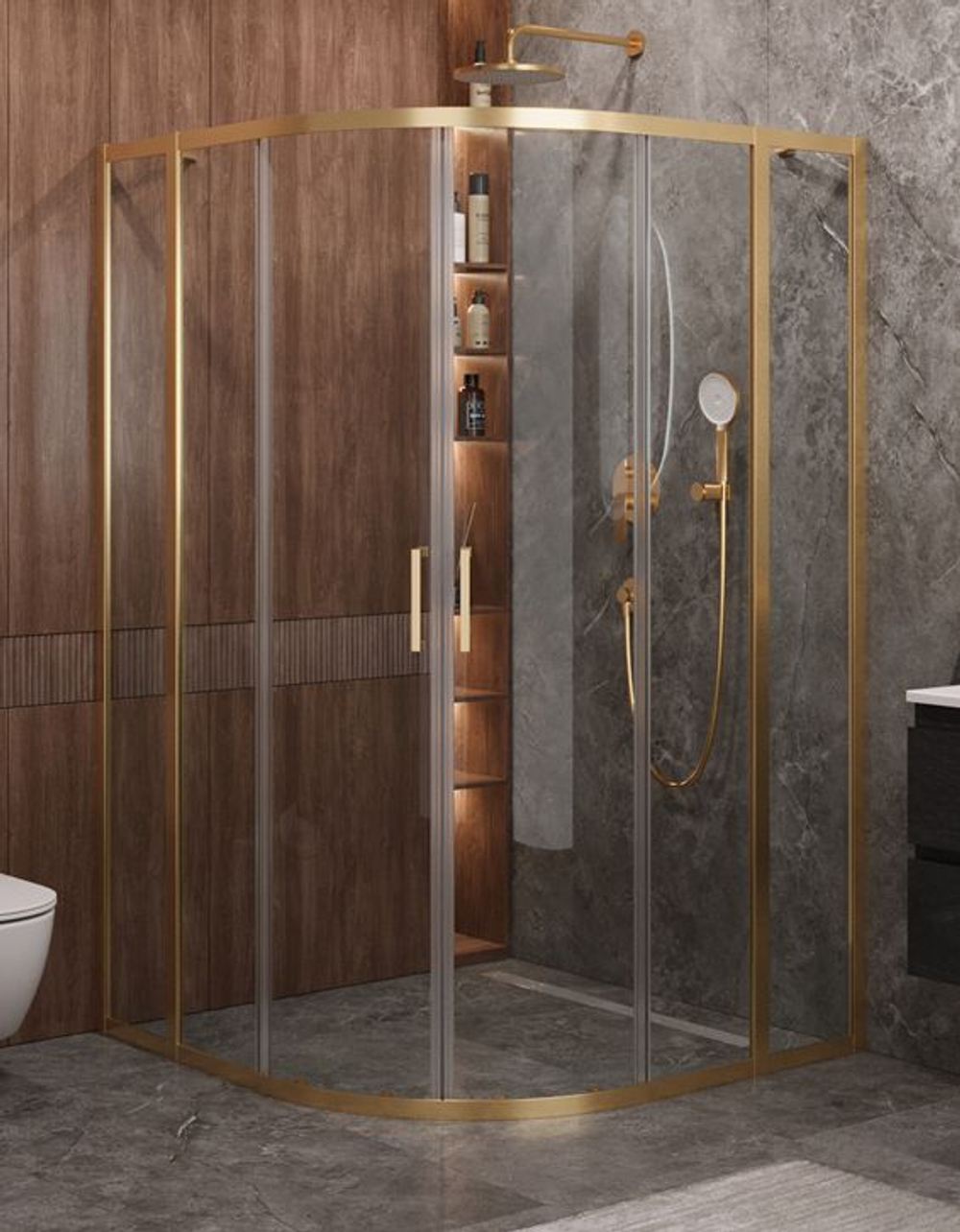 Душевой уголок Cezares MOLVENO-R-22-100+20-C-BORO-IV, 120х120х195, профиль брашированное золото, прозрачное стекло