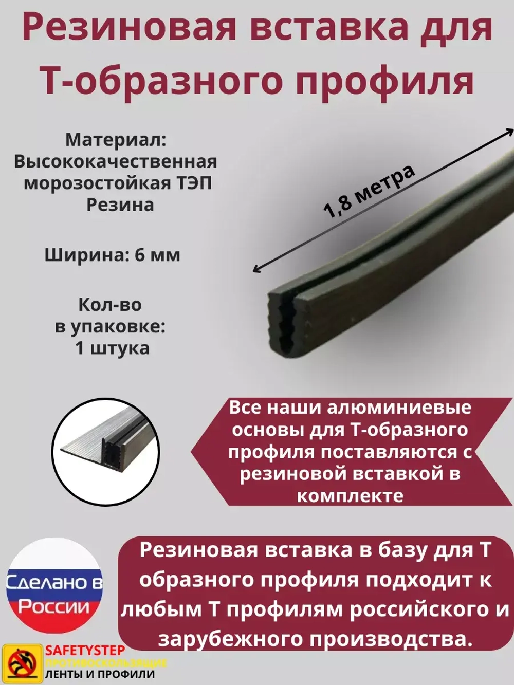 Резиновая вставка в базу для т профиля, уплотнитель, 1.8 м