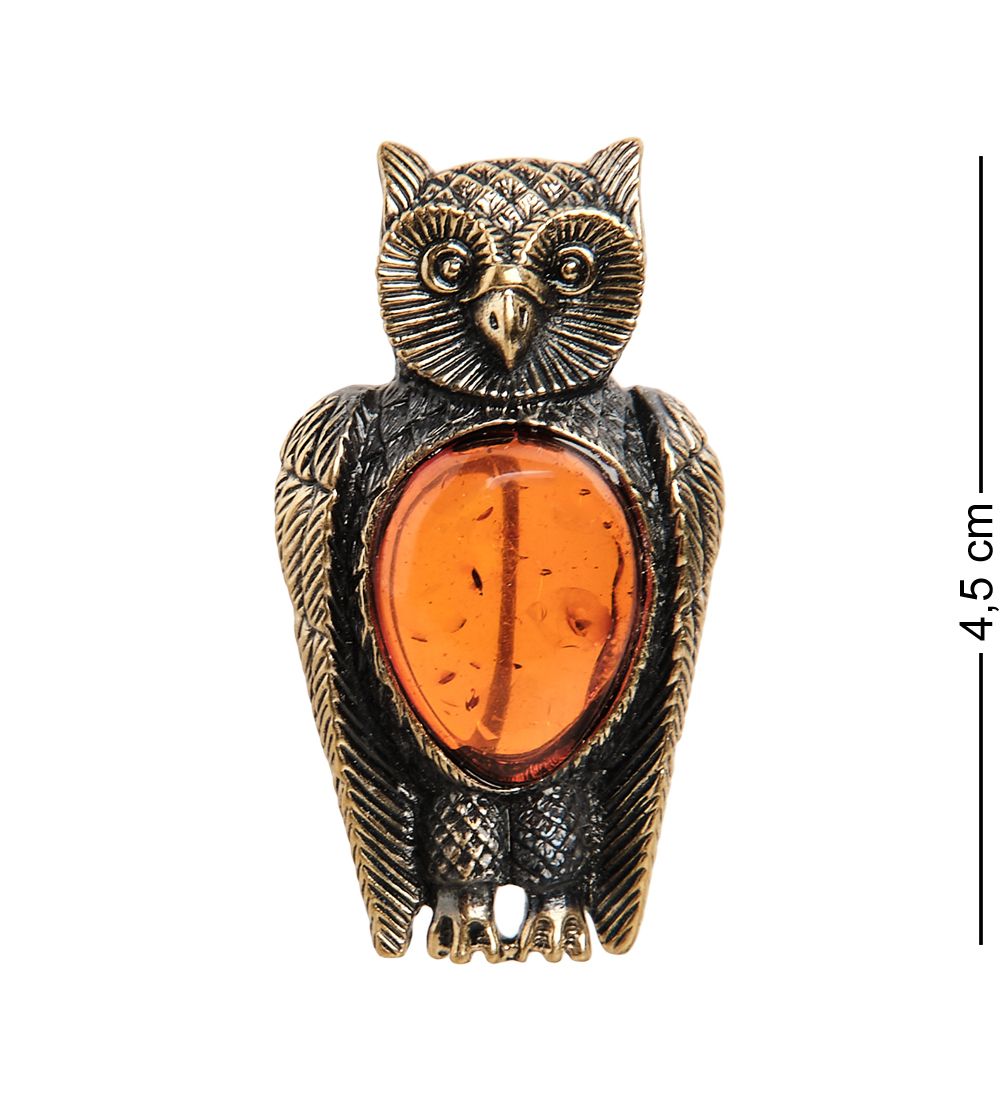 AM- 954 Брошь «Филин Мудрый» (латунь, янтарь)